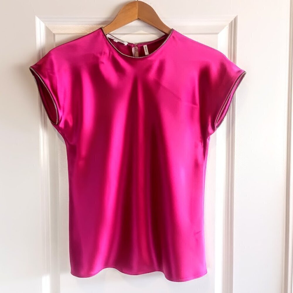 Helmut Lang Magenta Silk Charmeuse Metal Zipper Trim Top